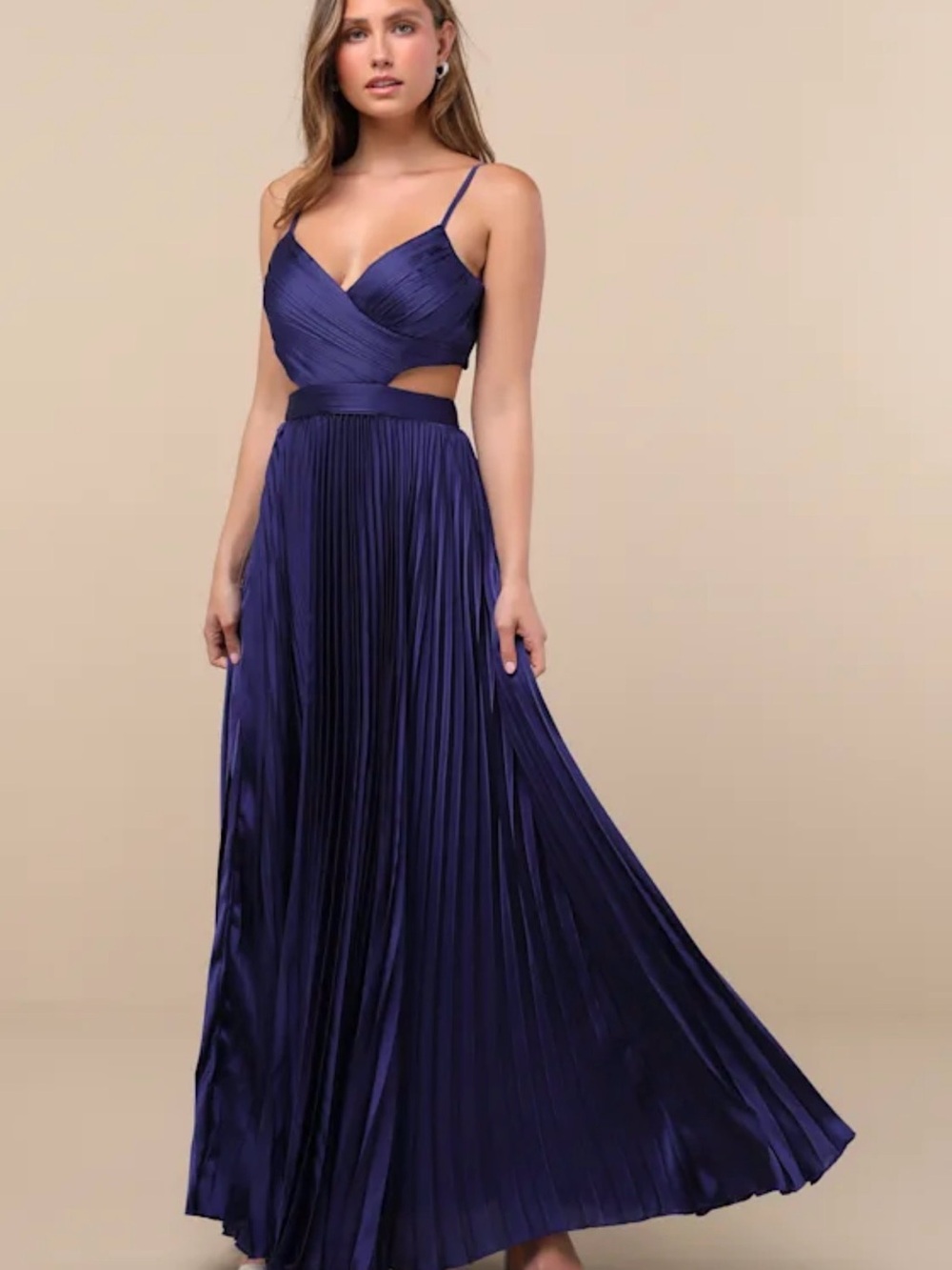 Lulus Got the Glam Navy Blue Pleated Cutout Maxi Dress Special Occasions Sz S